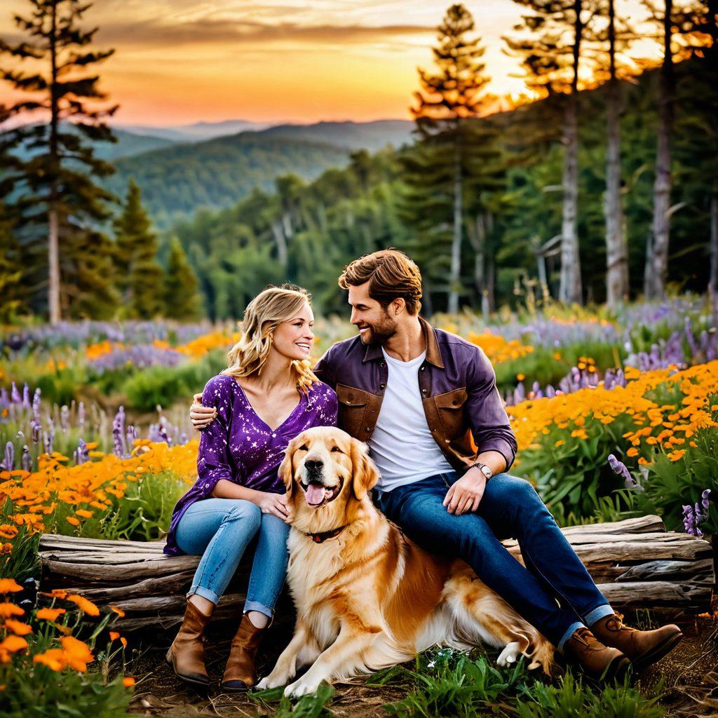 A picturesque scene of a rugged couple in love, surrounded by a hirsute landscape filled with wildflowers and dense woods, showcasing their intimate moments while dressed in casual outdoor attire. Incorporate a playful golden retriever in the background, symbolizing loyalty and companionship. The sky above should be a warm sunset with vibrant oranges and purples casting a golden glow over the couple. Rustic elements like weathered wooden benches and vintage lanterns should embellish the setting. super-realistic. warm colors. vibrant sunset.