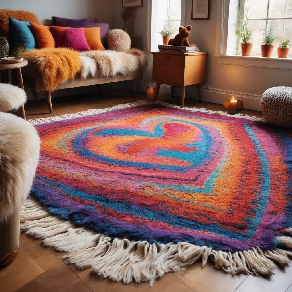 A cozy scene showcasing a tapestry of soft wool rugs in vibrant colors, with heart shapes interwoven throughout. In the background, a whimsical world filled with furry creatures frolicking around, expressing love and joy. The setting is warm and inviting, with a gentle sunlight illuminating the textures of the rugs. The viewer is drawn into this enchanting, hairy realm where comfort meets affection. super-realistic. vibrant colors. soft focus.