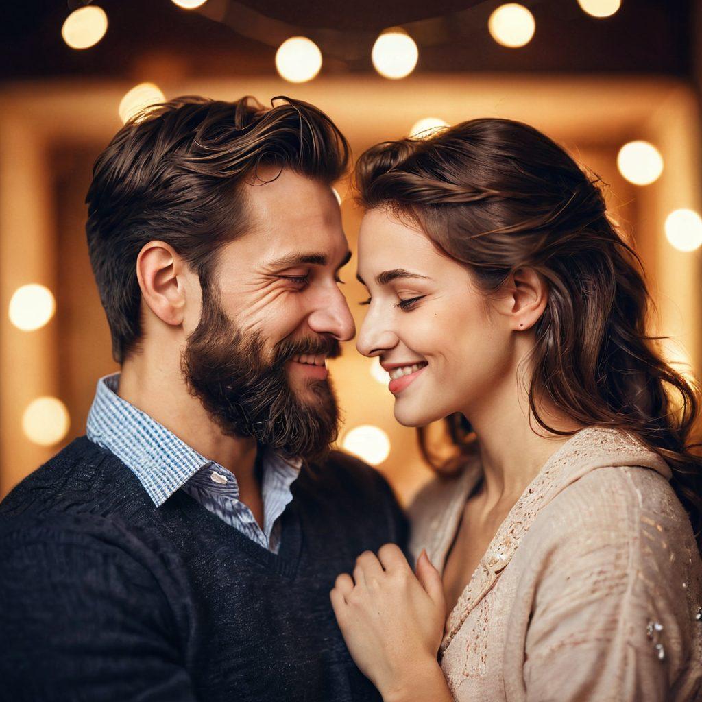 A close-up portrait of a happy couple, the man with a well-groomed beard, embracing each other in a cozy, warmly lit setting. Surround them with soft, romantic elements like heart-shaped bokeh and subtle floral accents. The woman's hand playfully touches the man's beard, symbolizing affection and charm. Emphasize warmth and intimacy through soft focus and gentle lighting. super-realistic. warm colors. soft focus.